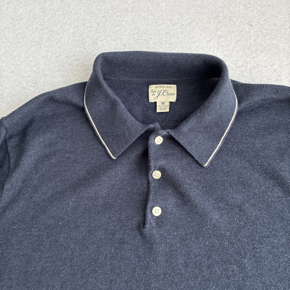 J Crew Mens Polo Sweater Collared Long Sleeve Cotton Silk Navy Medium Preppy